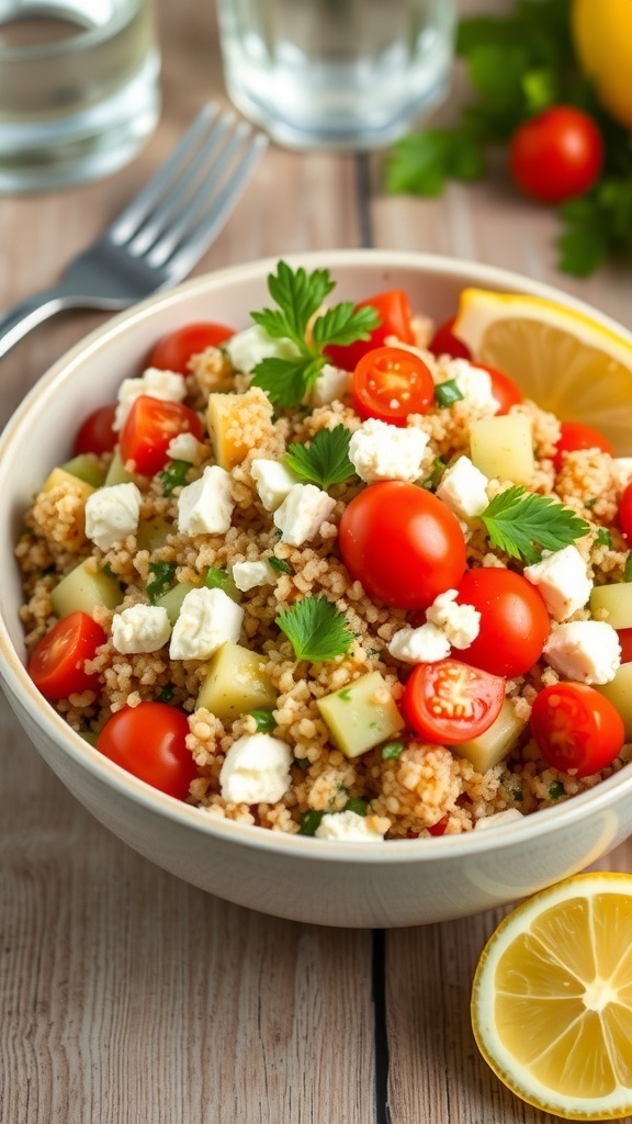 A colorful Mediterranean quinoa salad with tomatoes, cucumber, feta, and parsley in a bowl on a wooden table.